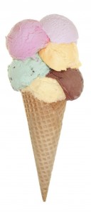 Multicoloured scoops of ice cream in a cone