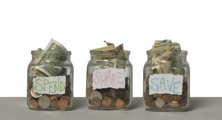 three jars of money labelled spend share and save